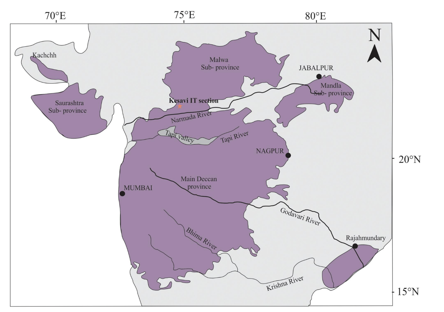 Map of the Deccan volcanic province showing the Deccan intertrappean section (*) at the Kesavi locality