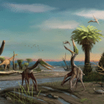Life reconstruction of a pair of Galgadraco zephyrius gen. et sp. nov. in a late Maastrichtian environment, showcasing the palaeobiota of the Serra da Galga Geosite. Artwork by Matheus Gadelha.