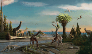 Life reconstruction of a pair of Galgadraco zephyrius gen. et sp. nov. in a late Maastrichtian environment, showcasing the palaeobiota of the Serra da Galga Geosite. Artwork by Matheus Gadelha.