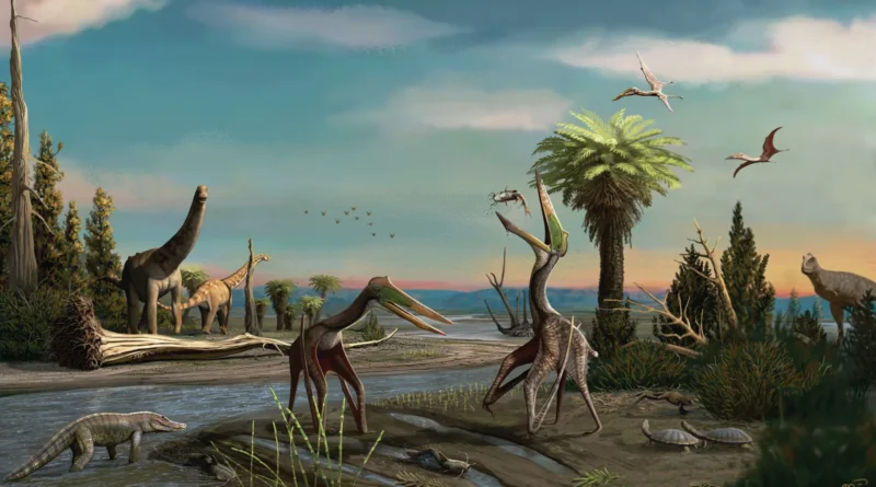 Life reconstruction of a pair of Galgadraco zephyrius gen. et sp. nov. in a late Maastrichtian environment, showcasing the palaeobiota of the Serra da Galga Geosite. Artwork by Matheus Gadelha.